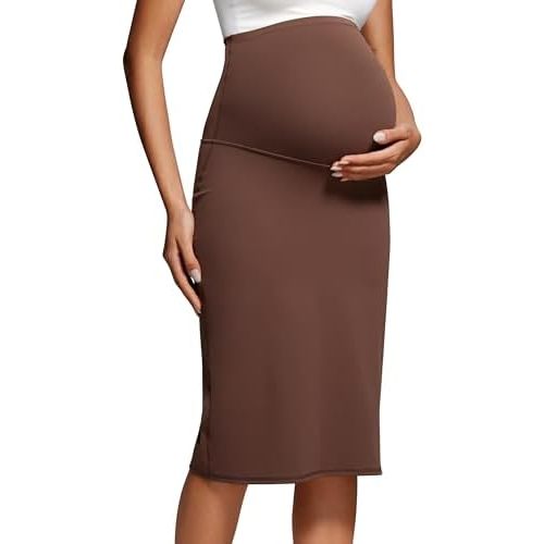 CRZ YOGA Women's Butterluxe Maternity High Waist Casual Golf Work Midi Skirts Over The Belly Pregnancy Split Stretchy