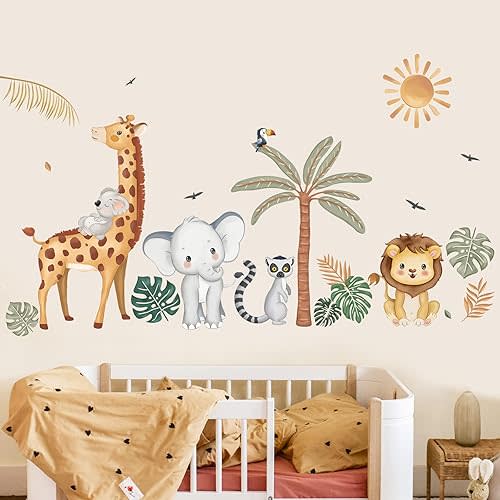 wondever Boho Jungle Animals Wall Stickers Safari Animal Palm Tree Elephant Giraffe Lion Peel and Stick Wall Art Decals for Baby Nursery Kids Bedroom
