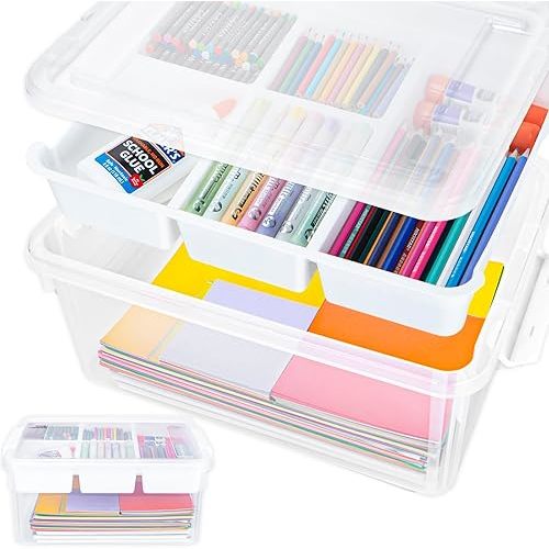 17QT Multipurpose Plastic Storage Organizer Box with Removable Tray, Stackable Craft Organizers and Storage Bins with Lid, Clear Art Storage Container for Organizing Playdoh, Crayon (Clear)