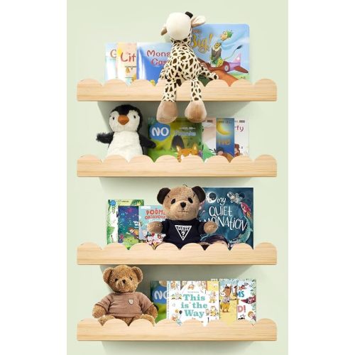 Scalloped Shelves for Nursery - Wall Book Shelves for Bedroom Kids, Nursery Bookshelf for Wall Set of 4, Floating Book Shelves Solid Wood,16 Inch, Natural