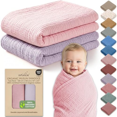 100% Organic Cotton Muslin Baby Blanket - 47 x 47 Inch Breathable Baby Swaddle Blanket, Hypoallergenic Double-Layer, Soft Newborn Baby Blanket for Everyday Use (Light Pink/Light Purple)
