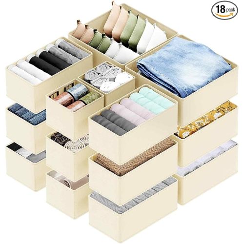 SpaceAid Drawer Organizer for Clothes, 18 Pack Dresser Drawer Organizer Bins, Closet Organizers and Storage Dividers for Clothing, Underwears, Socks (Beige)