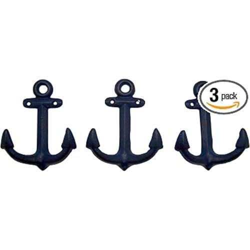 Wowser Nautical Cast Iron Ship Anchor Wall Hooks, 6 Inches, Set of 3 (Blue)