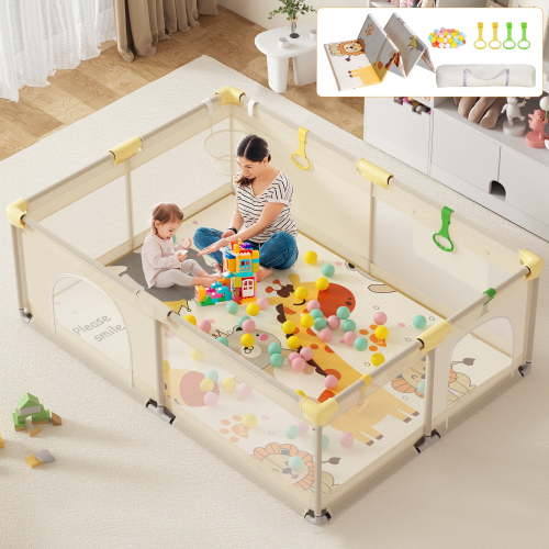 YISUFO Large Baby Playpen with Mat, 71"x 59" Unisex Safety Activity Center Playard Play Yard Fence, Anti-Slip Base for Infant Toddler - Yellow