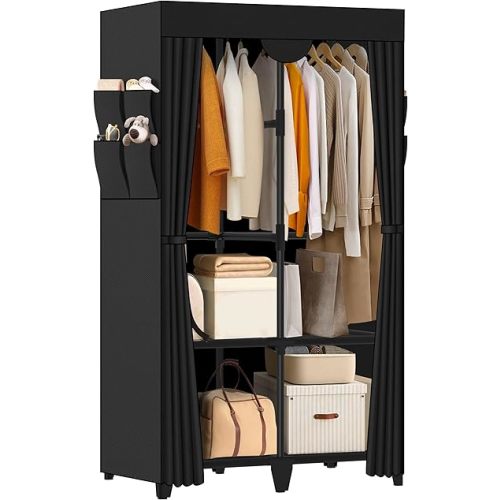 Wardrobe Closet, Quick and Easy Assembly, Black Portable Closet with 2 Hanging Rods 4 Storage Shelves and 8 Side Pockets, Sturdy and Stable Clothes Rack with Cover, for Bedroom and Dormitory