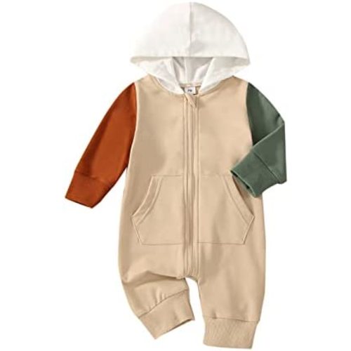 BemeyourBBs Newborn Baby Boy Clothes Color Block Long Sleeve Hooded Romper with Pocket Fall Winter One Piece Outfits