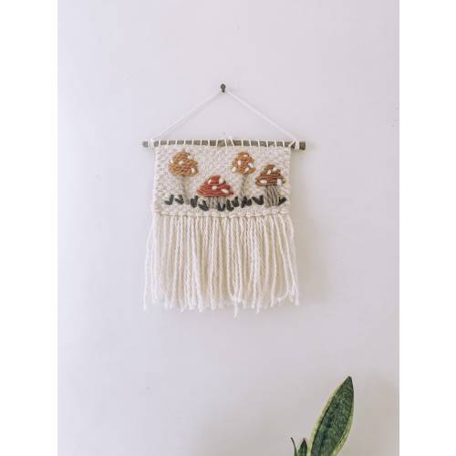 Woven Wall Hanging - Boho Mushroom Embroidery - Handmade - Neutral Style - Nursery Decor - Gift - Hippie & Fringe