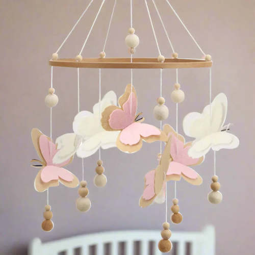 Cozybaby Pink Butterfly Baby Mobile | Eco-Friendly Felt & Wood Cot Mobile | Ideal Baby Shower Gift