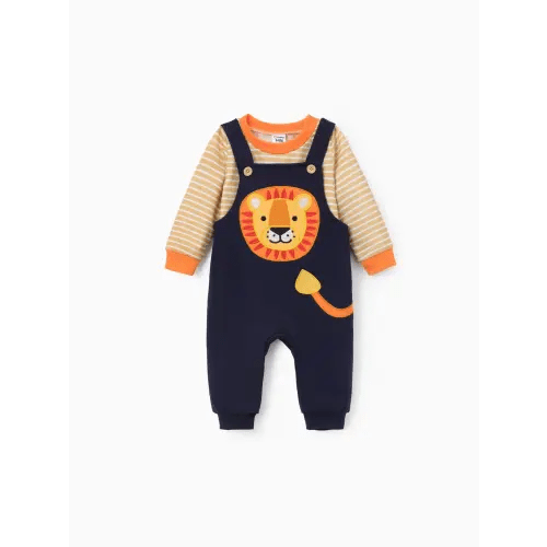 SuperCuteCute Baby Boy 2pcs Stripe Sweatshirt and Lion Embroidered Overalls Set
