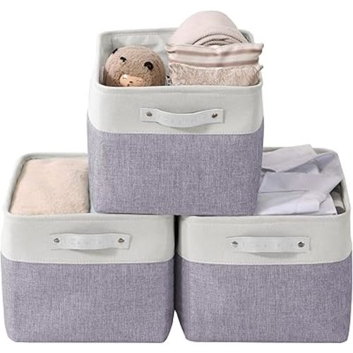 DECOMOMO Storage Bins Fabric Storage Baskets for Shelves, Linen Closet Organization Toys Nursery (Purple and White, Large - 3 Pack)