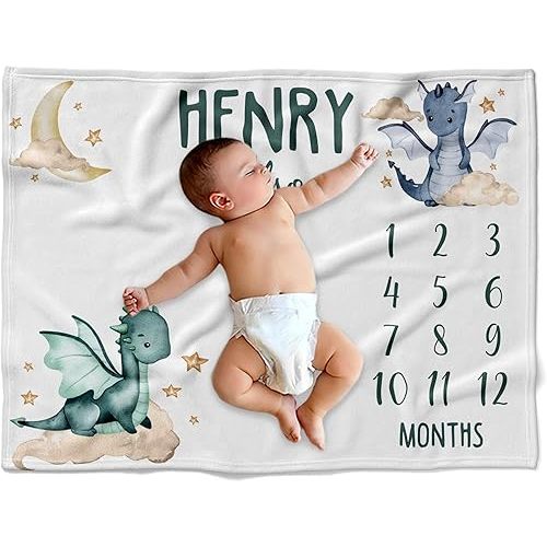 Personalized Dragon and Clouds Baby Blanket, Custom Name Monthly Milestone Fleece, Green & Blue Fantasy Growth Tracker, Magical Nursery Decor, Unique
