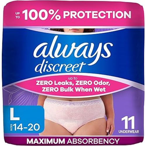 Always Discreet Reimagined Adult Diapers for Women, Maximum Absorbency Incontinence and Postpartum Underwear Size L, Up to 100% Leak Free Bladder Leak Protection, 11 Count​