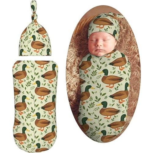 KiuLoam Cute Mallard Duck Leaf Animal Print Newborn Swaddle Blanket with Hat Set Soft Newborn Receiving Blankets Baby Swaddle Sack for Baby Boys Girls