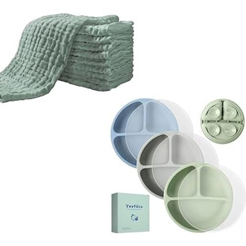 Yoofoss 10 Pack Muslin Burp Cloths for Baby 20''X10'' Dark Green & 3 Pack Toddler Plates Suction Plates Blue,Green&Grey with Lids