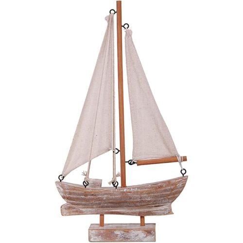 Wooden Sailboat Model Decoration, Mini Wood Sailing Boat Ship Model Handmade Rustic Vintage Beach Nautical Ocean Theme Sailboat Decor 10.75 x 6 x 1.5 Inches (Wood Sail Boat B)