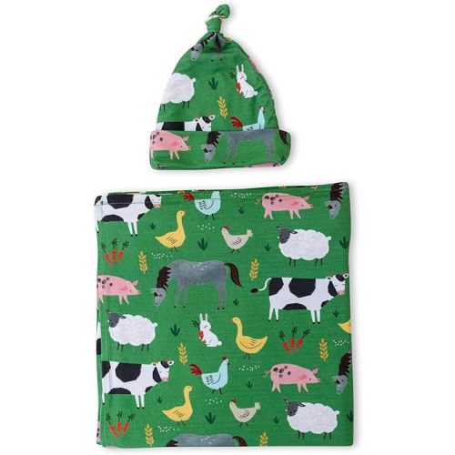 Little Sleepies Newborn Swaddle + Hat Set, Viscose Derived from Bamboo Baby Wrap, Green Farm Animals