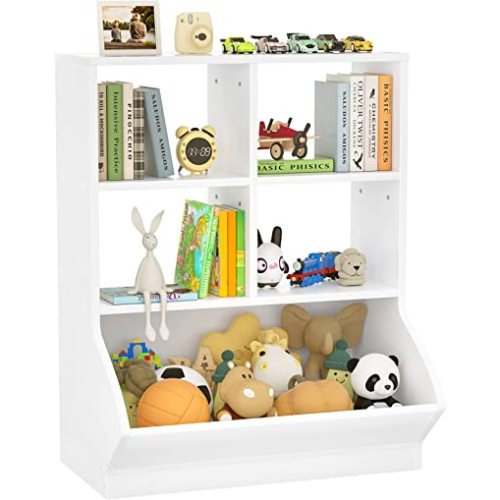 Aheaplus Toy Storage Organizer with Bookcase, 5 Cubby Bookshelf Toy Storage Cabinet, Open Multi-Bins Toys&Books Storage Display Organizer for Playroom, Bedroom, Nursery, School, White