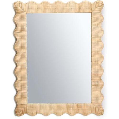 Two's Company 30.5" Handmade Hanging Rattan Wall Mirror - Natural Wicker Weave Boho Coastal Decor