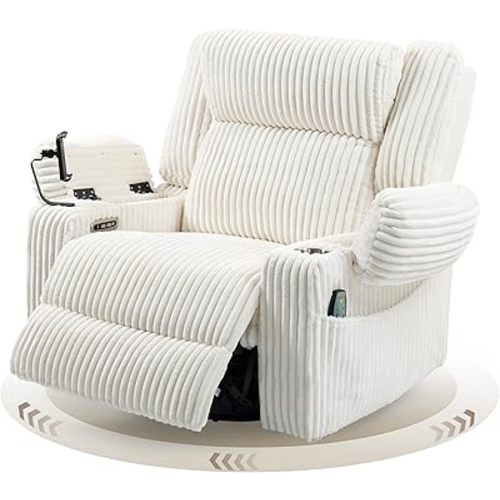 Dual Motor Power Oversized Swivel Rocker Recliner Chair with Adjustable Headrest for Adults, Glider Rocking Chairs with Vibration and Heat, USB Type C, Armrest Storage, Cream White