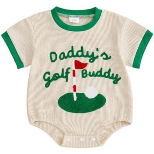 BULINGNA Newborn Baby Boy Golf Outfit Short Sleeve Waffle Knit Daddy's Golf Buddy Romper Bodysuit Summer Clothes