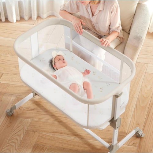 Fodoss Baby Bassinets Bedside Sleeper - All Mesh Bedside Bassinet with Wheels, 7 Height Adjustable Baby Bassinet for Infants, Beige