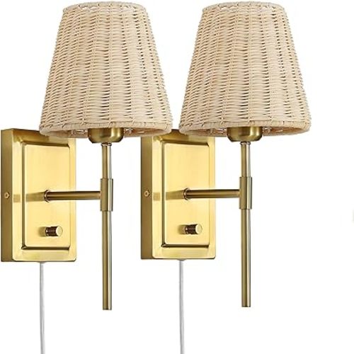 WINGBO Wall Sconce Rattan Wrapped Wall Lamp Set of 2, Wall Light Gold Light Fixture Vintage Bedside Light Wicker Handmade Shade Brass Reading Light Plug in or Hardwire Gold
