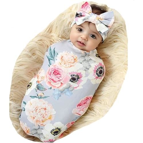 Galabloomer Newborn Receiving Blanket Headband Set Flower Print Baby Swaddle Blankets (Gray Floral)