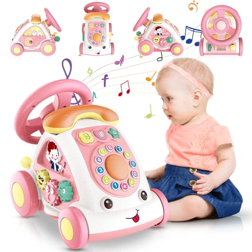 Toys for 1+ Year Old Girls - First Birthday Gift for Girls- Music Toddler Toys with Car/Sound/Music/Steering Wheel/Telephone/Lights Multi-Functional Car Early Educational Birthday Gift for Girl