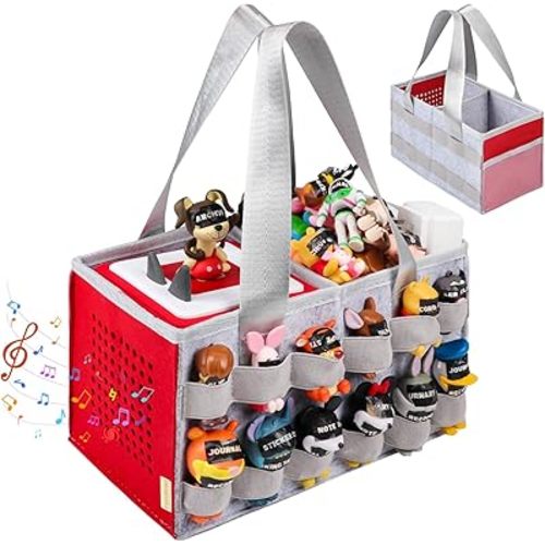 Carrying Case Compatible with Tonies Box with Audio Position, Portable Travel Storage Bag for Tonies Figures with 24 Elastic Strap, Soft Felt Organizer Case for Toniebox Accessories Gray&Red