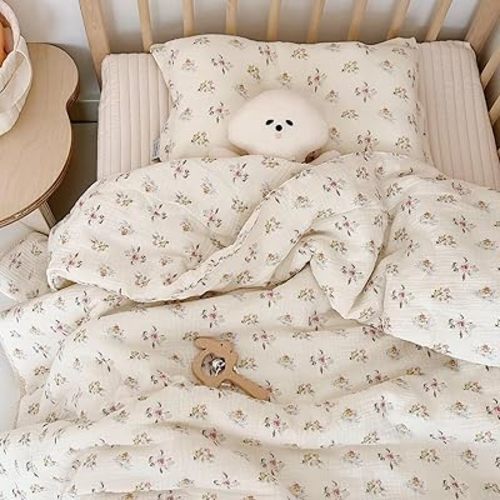 BuLuTu Muslin Quilt Blanket for Toddlers Girls Boys Baby Quilt Soft Cotton Toddler Blanket Crib Quilt for All Seasons, Lightweight Breathable, Washable, Azalea Pattern, 59x47 Inches