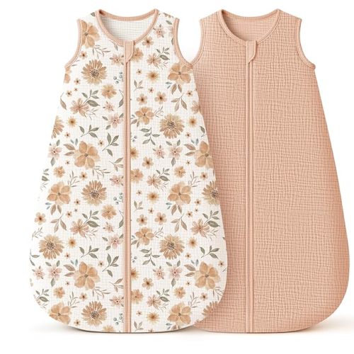 Konssy Muslin Baby Sleep Sack 6-12 Months 0.8 TOG, 2 Pack 100% Cotton Wearable Blanket for Babies, 2-Way Zipper Breathable Sleeping Sack Infant Toddler Essentials for Girls and Boys (Flourish, Toffee)