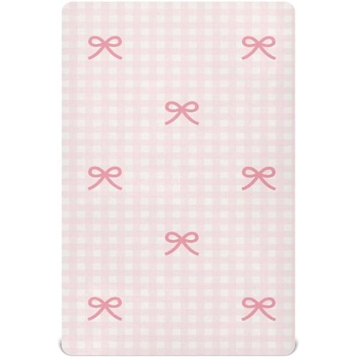 Pink Checkered and Bows Fitted Crib Sheets Stretchy Portable Playard Sheets for Baby Toddler, Breathable Soft Mini Crib Mattress 52 x 28 in for Boys and Girls