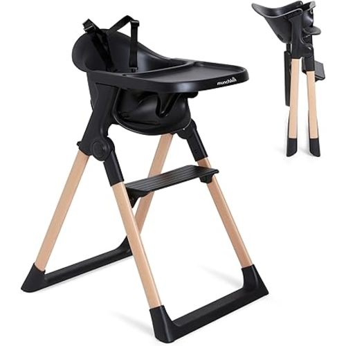 Munchkin Float Baby High Chair, Foldable and Easy to Clean, for Babies and Toddlers, Black with Wooden Legs