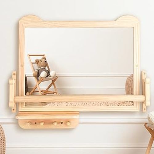 Montessori Mirror with Bar — Natural Wooden Frame Baby Pull Up Bar Mirror, Adjustable Height, Safe Wall-Mounted Mirror for Infant Standing and Coordination, with Storage Shelf
