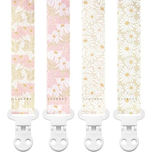 Stadela Baby Fabric Pacifier Clip Holder, Plastic Clip, 4‑Pack, Flowers Pattern, Poloma Set
