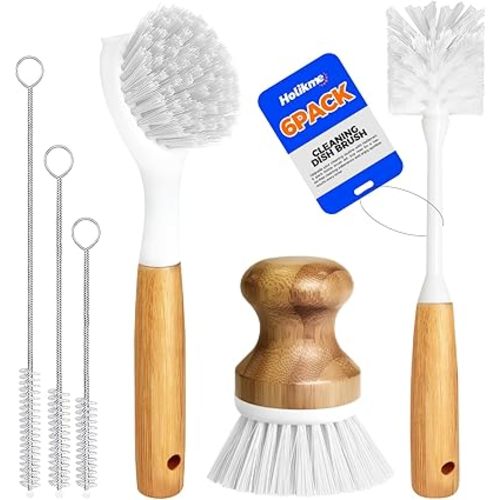Holikme 6 Pack Dish Brush Kitchen Brushes Set with Bottle Brush, Dish Brush, Palm Scrub Brush and Straw Brush, Fruit Vegetable Cleaning Brushes, Long Handle for Skillet Wok Pot Pan Cast Iron, White