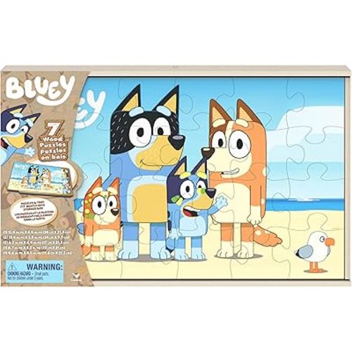 Spin Master Games Bluey 7-Pack Wooden Puzzles with Storage Tray for Kids