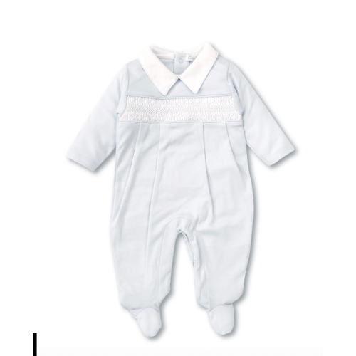 Hand Smocked CLB Charmed Blue Footie with Collar
