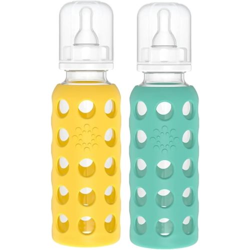 Lifefactory Glass Baby Bottles with Silicone Protection - 2-Pack, 9 oz Bottles, Mango & Kale