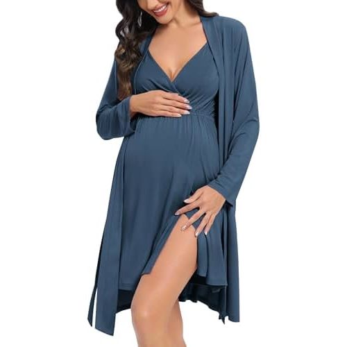 DIKFA Womens Maternity Set 2PCS Nursing Nightgown for Breastfeeding 3 in 1 Labor Delivery Nursing Dress Birthing Bathrobe Set