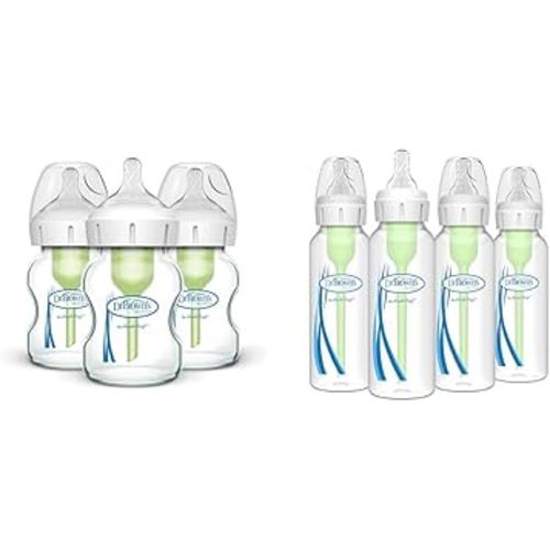 Dr. Brown's Natural Flow Anti-Colic Options+ Wide-Neck Glass Baby Bottles 5 oz/150 mL & Natural Flow® Anti-Colic Options+™ Narrow Baby Bottles 8 oz/250 mL, with Level 1 Slow Flow Nipple, 4 Pack, 0m+