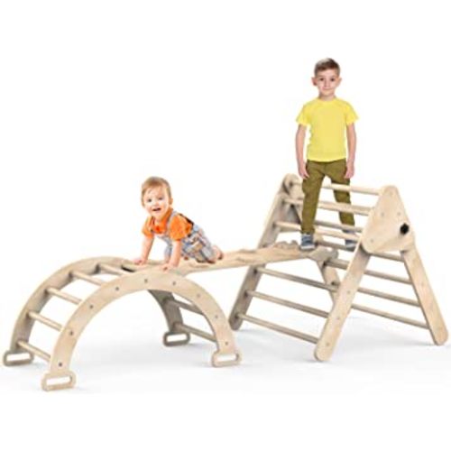 Baoniu Foldable Climbing Triangle Ladder Toys with Ramp for Sliding or Climbing, Set of 3 Wooden Safety Sturdy Kids Play Gym, Indoor Outdoor Playground Climbing Toys for Toddlers
