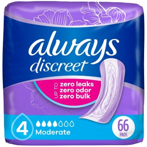 Always Discreet Incontinence & Postpartum Incontinence Pads for Women - Moderate Absorbency - Size 4 - 66ct