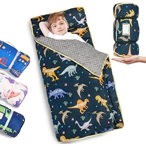 Primlect Thickened Toddler Nap Mat with Removable Pillow and Minky Blanket, Extra Large 55''x35'' Sleeping Bag, Washable, Roll up, Perfect for Daycare, Preschool, Kindergarten, Boys and Girls Dinosaur