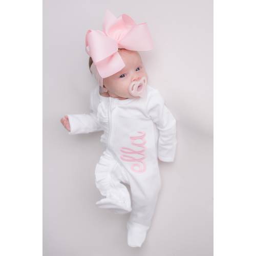 baby girl coming home outfit, monogrammed coming home outfit, sk creations, zip footie, ruffle outfit,