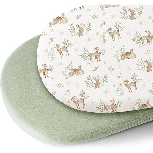 Konssy 2 Pack Muslin Bassinet Sheets for Baby Boy, 100% Cotton Soft Breathable Bassinet Mattress Sheets Fit for Hourglass Oval Cradle Rectangle Mattress (Woodland,Sage)