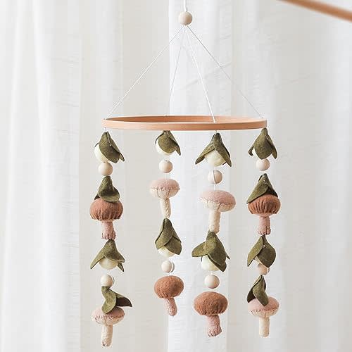 Baby Mobile for Crib,Crib Mobile for Boys Girls, Soft Crib Toys Hanging,Baby Mobile for Bassinet,Boho Nursery Decor Neutral(Mushroom,Leaves,Cotton)