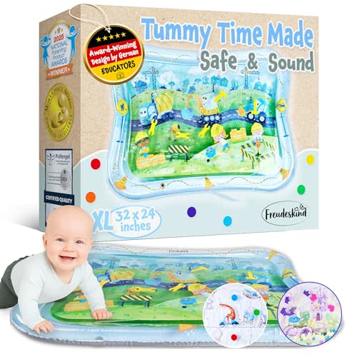 Tummy Time Water Mat for Babies – XXL Sensory Baby Water Play Mat – Award-Winning Infant Activity Mat for Motor Development – Premium, Baby-Safe Water Tummy Time Mat – Construction Site
