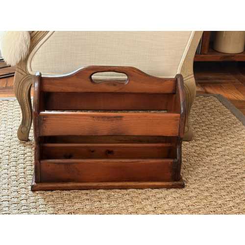 Vintage Handmade Wood Magazine Rack Divided Cut-Out Handle