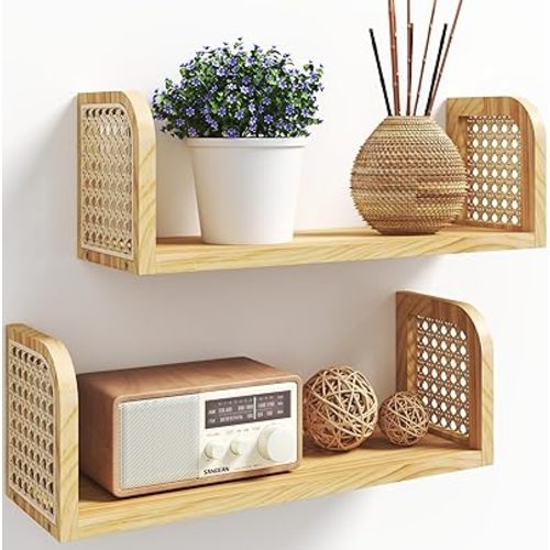 Rattan Shelf Set of 2, Cute Nursery Shelves Wall Mounted, Natural Hanging Bookshelf Storage, Boho Decorative Floating Shelves for Kids Room, Living Room, Play Room, Bedroom, Home Decor